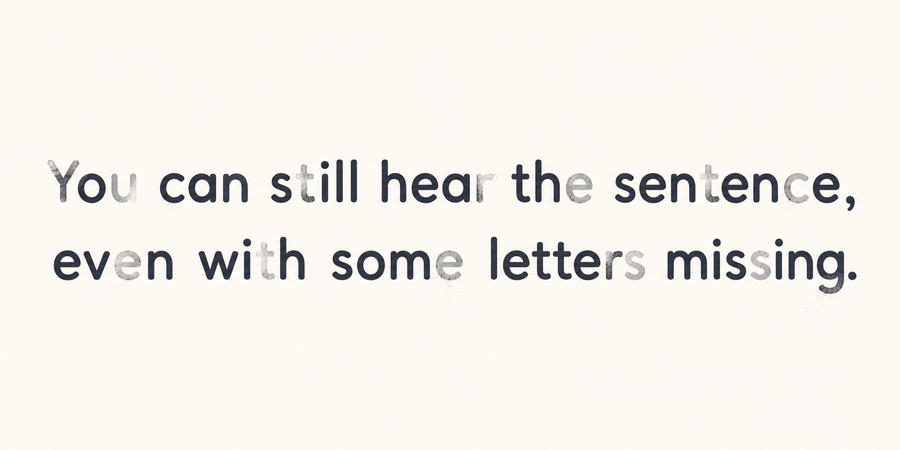 Illustration of a sentence with some letters faded and rubbed out, still legible overall