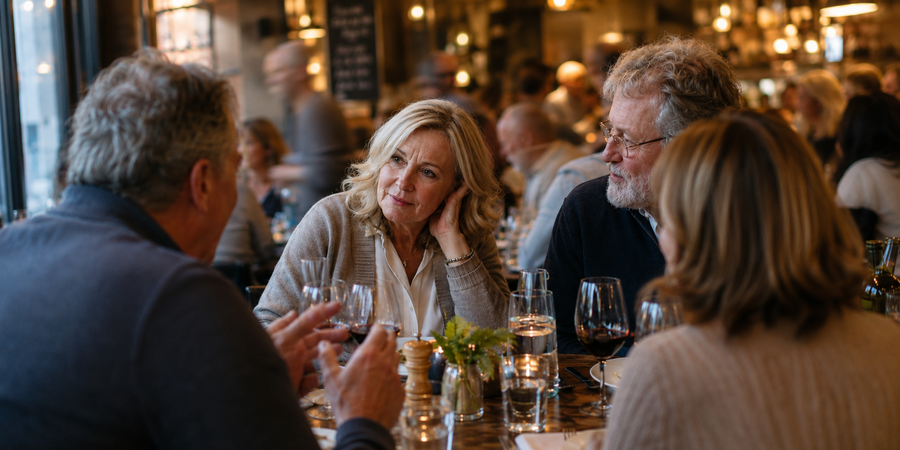 Friends talking and laughing over dinner at a busy restaurant table